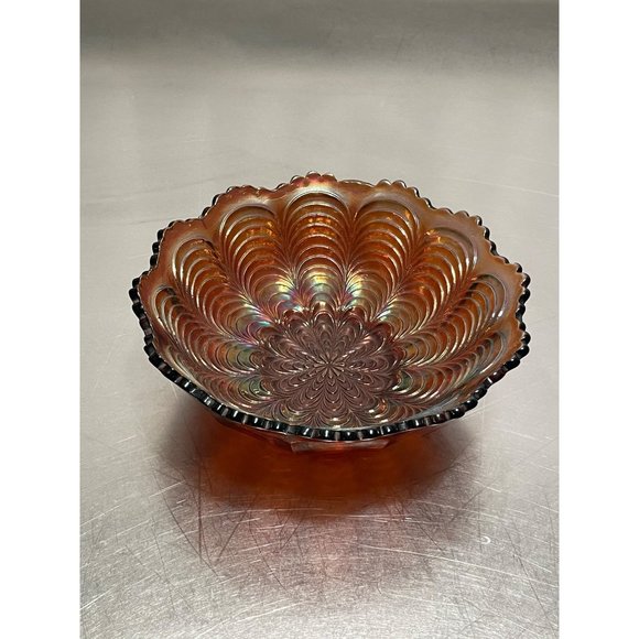 Vintage Fenton Carnival Glass Bowl Ruffled Scallop Edge Peacock Design - Picture 2 of 8